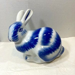 EASTER Bunny Rabbit Blue & White Porcelain Statue Sitting Figurine 6x6.5"